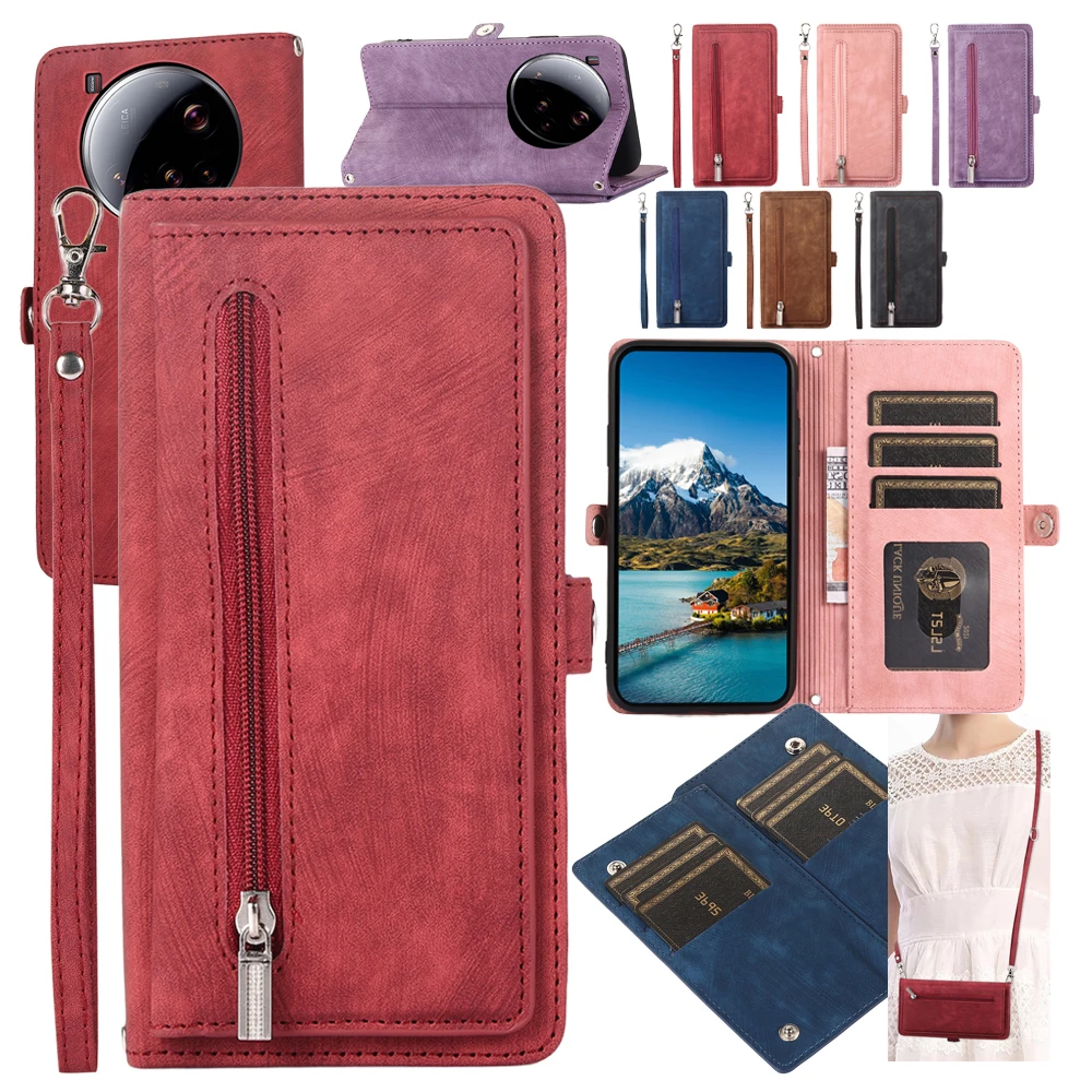 Leather Lanyard Wallet Case with Strap and Card Holder