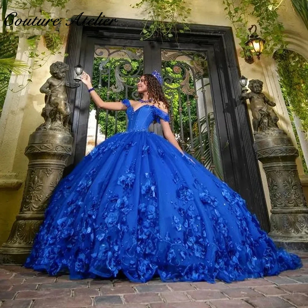 

Royal Blue 3D Flowers Off The Shoulder Ball Gown Quinceanera Dress 2024 Tulle Princess Dress Sweet 16 Dress vestidos para quince