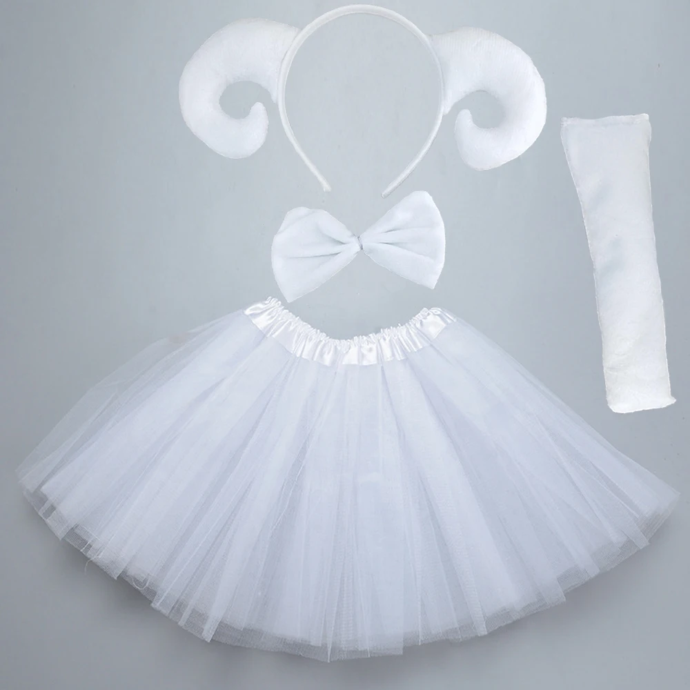 Women Girl Kids Goat Sheep Headband Tail Tie Skirt Tutu Animal Party Birthday Halloween Costume Cosplay