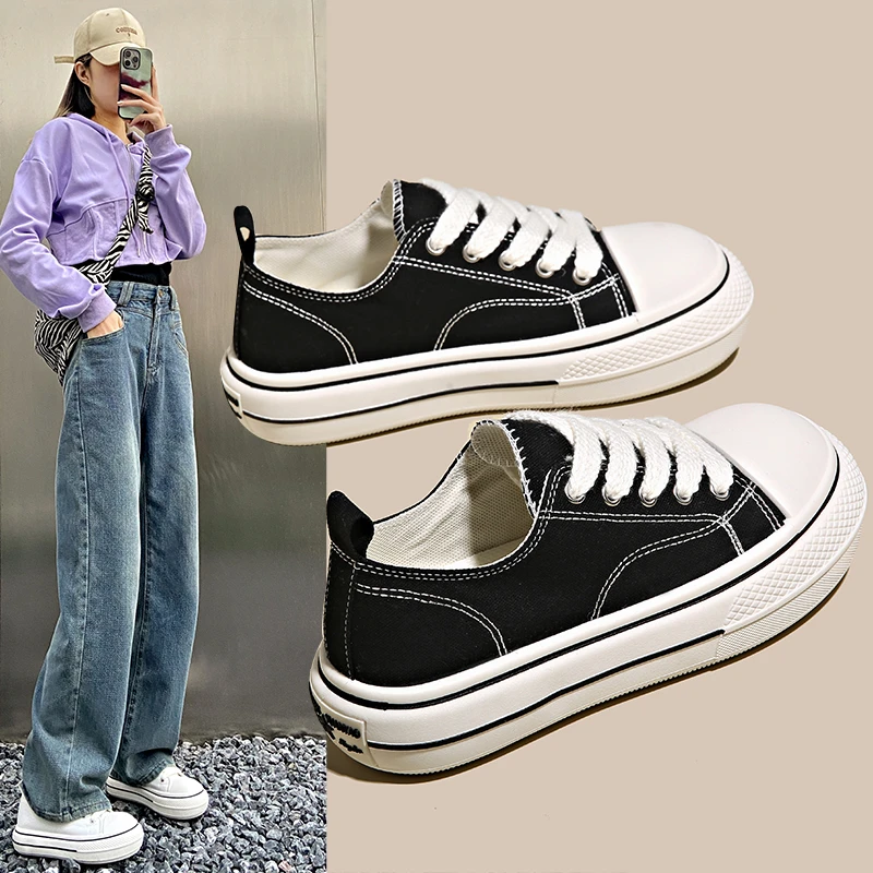 Canvas Shoes Women 2023 Spring New Thick Heel Board Shoes Retro All Match Casual Women Shoes