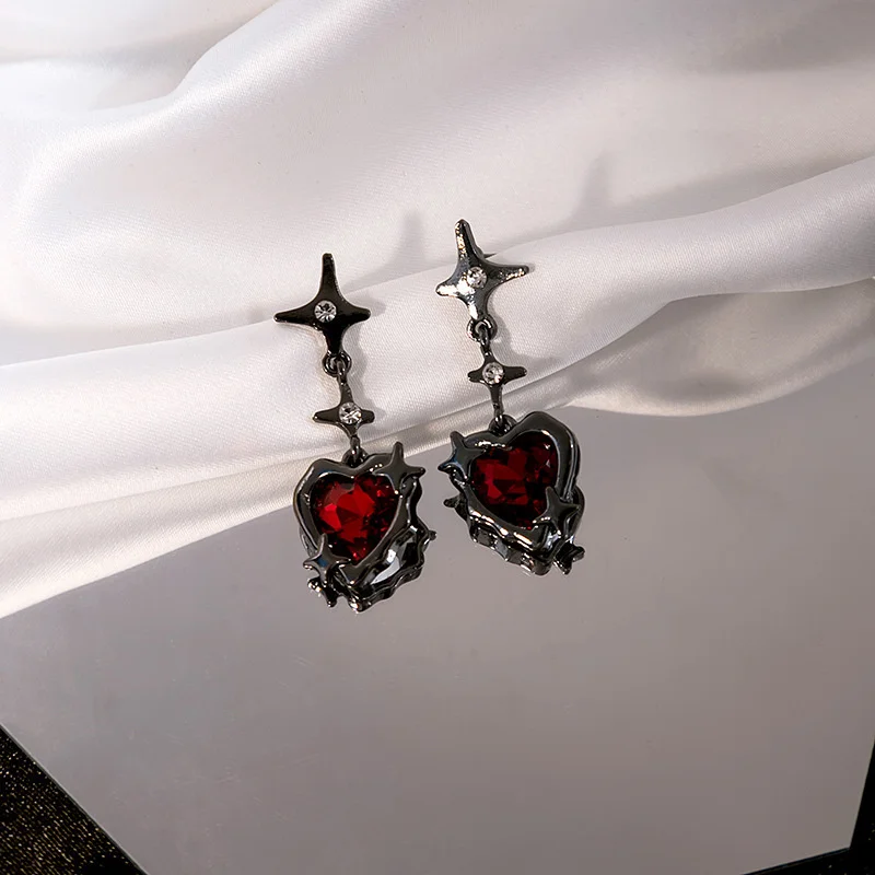 破格 大きなハート リビアングラスハート×ブラックオーラライトk18k14 Y2K Goth Liquid Heart Cross Star Pendant Earrings Women Red