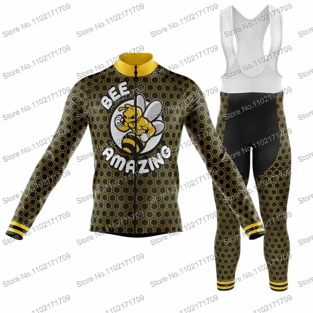 Retro Bee Amazing Mens Funny Cycling Jersey Set Long Sleeve Pro Team Bicycle Clothing Road Race Bike Shirt Suit MTB Bicycle Pant