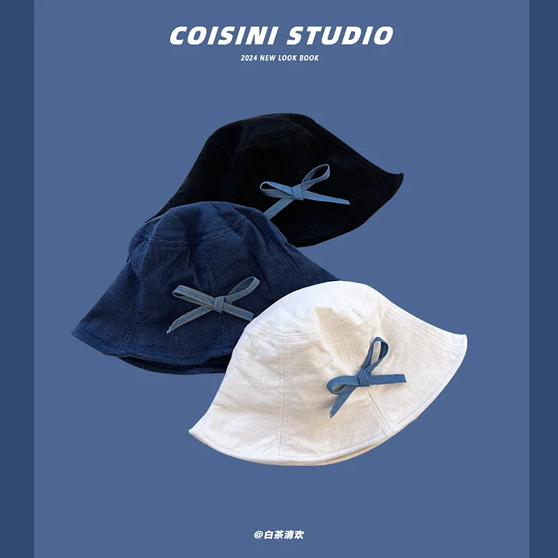 Ins 여성용 달콤한 활 디자인 대야 모자, 다용도 한국 버전, 레트로 데님 블루 자외선 차단 버킷 모자, 2024 여름 신상