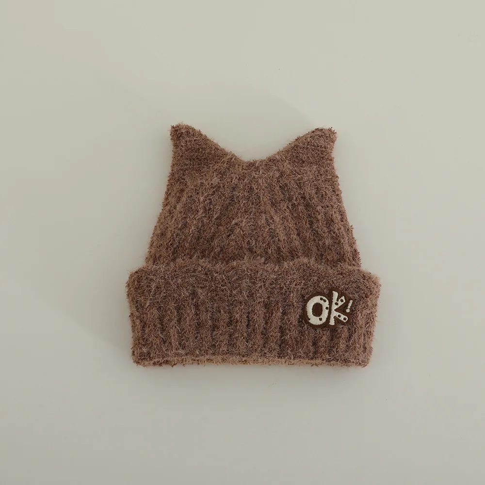 2025 New Kids Girls OK Cat Ears Hats Winter WarmKnitted Beanie Hat For Outdoor Snow Ski Cap Ages 5-12 years