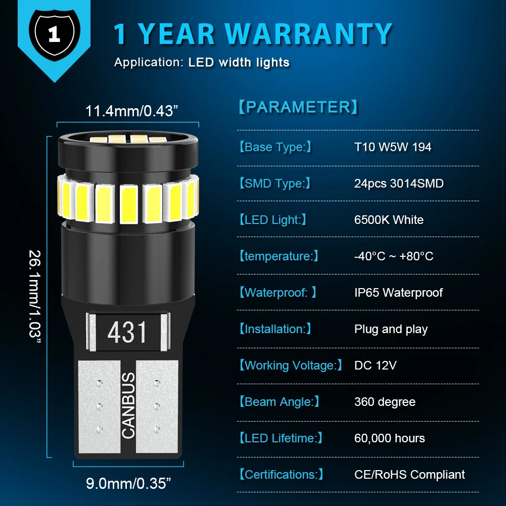 카투르 2개 T10 LED 화이트 슈퍼 브라이트 내장 캔슬러 일본 차량 검사 W5W 자동차 LED 칩 12V 호환