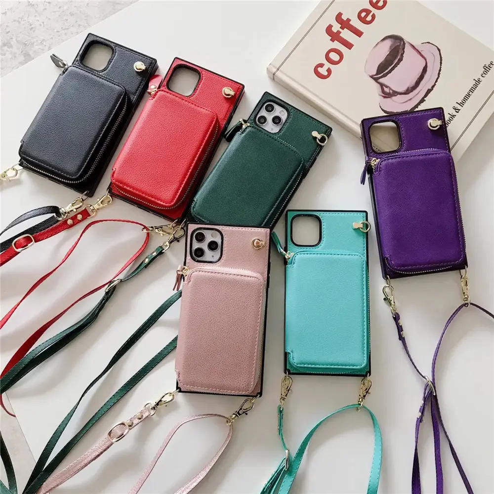 Elegant Zipper Wallet Crossbody Leather Case with Long Lanyard