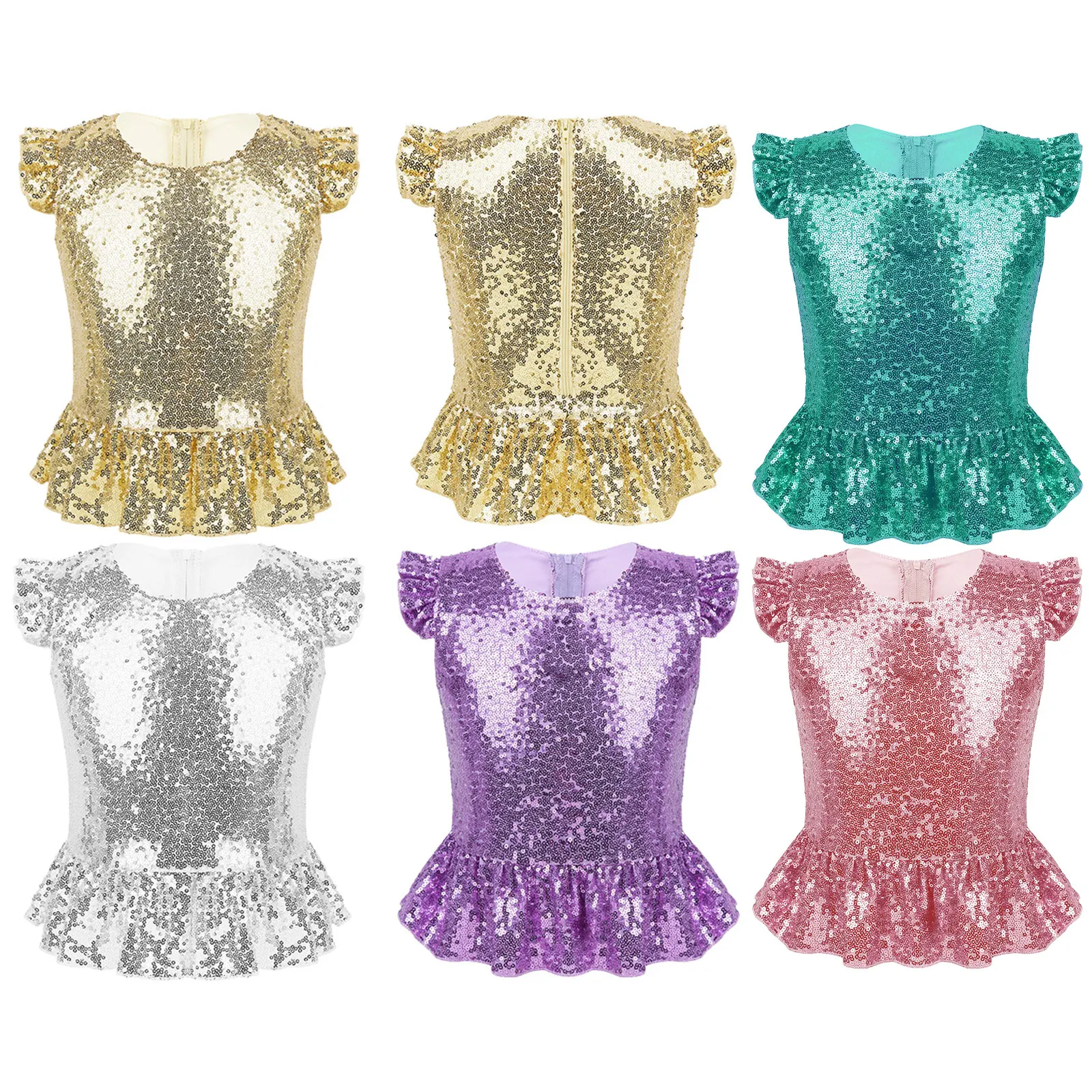 Kinder Mädchen T-Shirts mit glitzernden Pailletten, Meerjungfrau, kurze Flatterärmel, Schößchen-Shirt, Oberteil für Halloween, Karneval, Geburtstag, Mottoparty – Detail 2