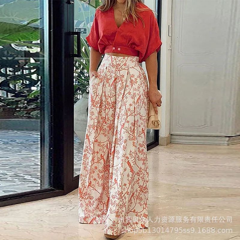 

Women Short Sleeve V Neck Crop Top High Waist Wide Leg Pants Elegant Fashion Two Piece Set Vacation Outfits Tracksuit Casual