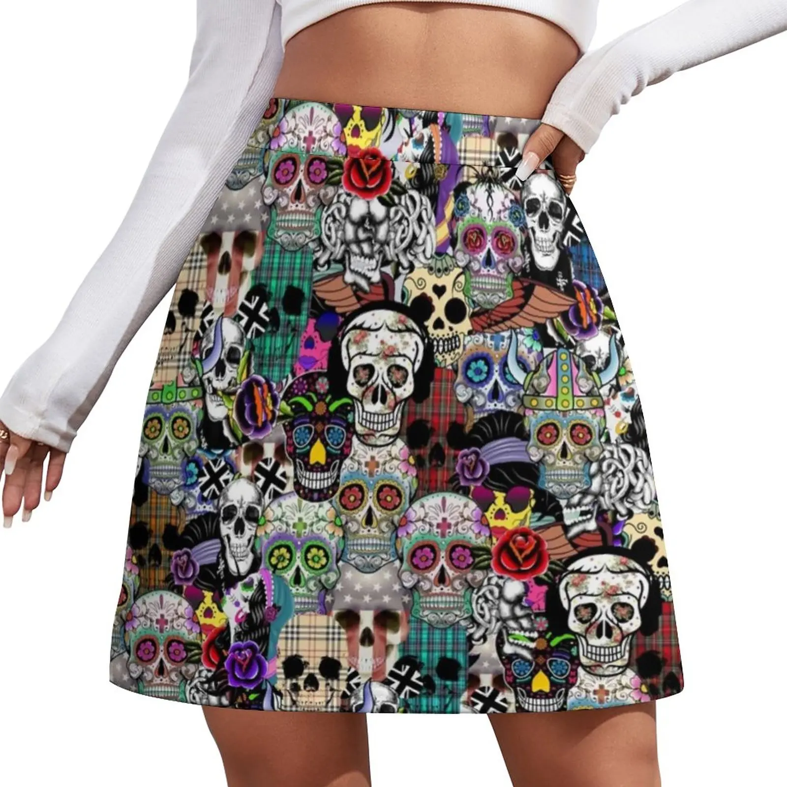 RED LAUGHING SKULL FLARED MINI-SKIRT