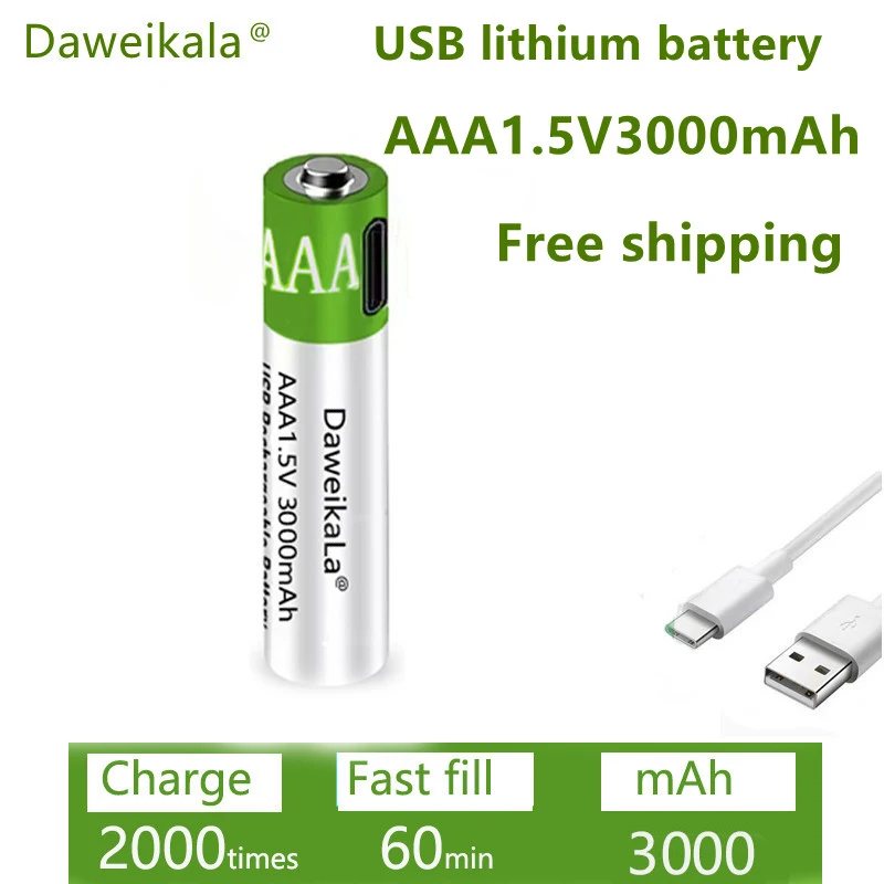 Rechargeable Lithium Batteries Battery AAA USB Batteries Rechargeable 1.5V 3000 mAh li-ion battery for remote control mouse Electric toy battery + Type-C Cable