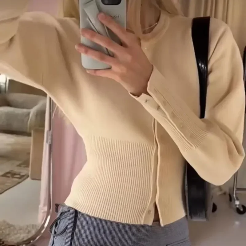 Women's High Waist Round Neck Single Breasted Cardigan Solid Long Sleeve Short Sweater Top Autumn Slim Bottoming Shirt 2