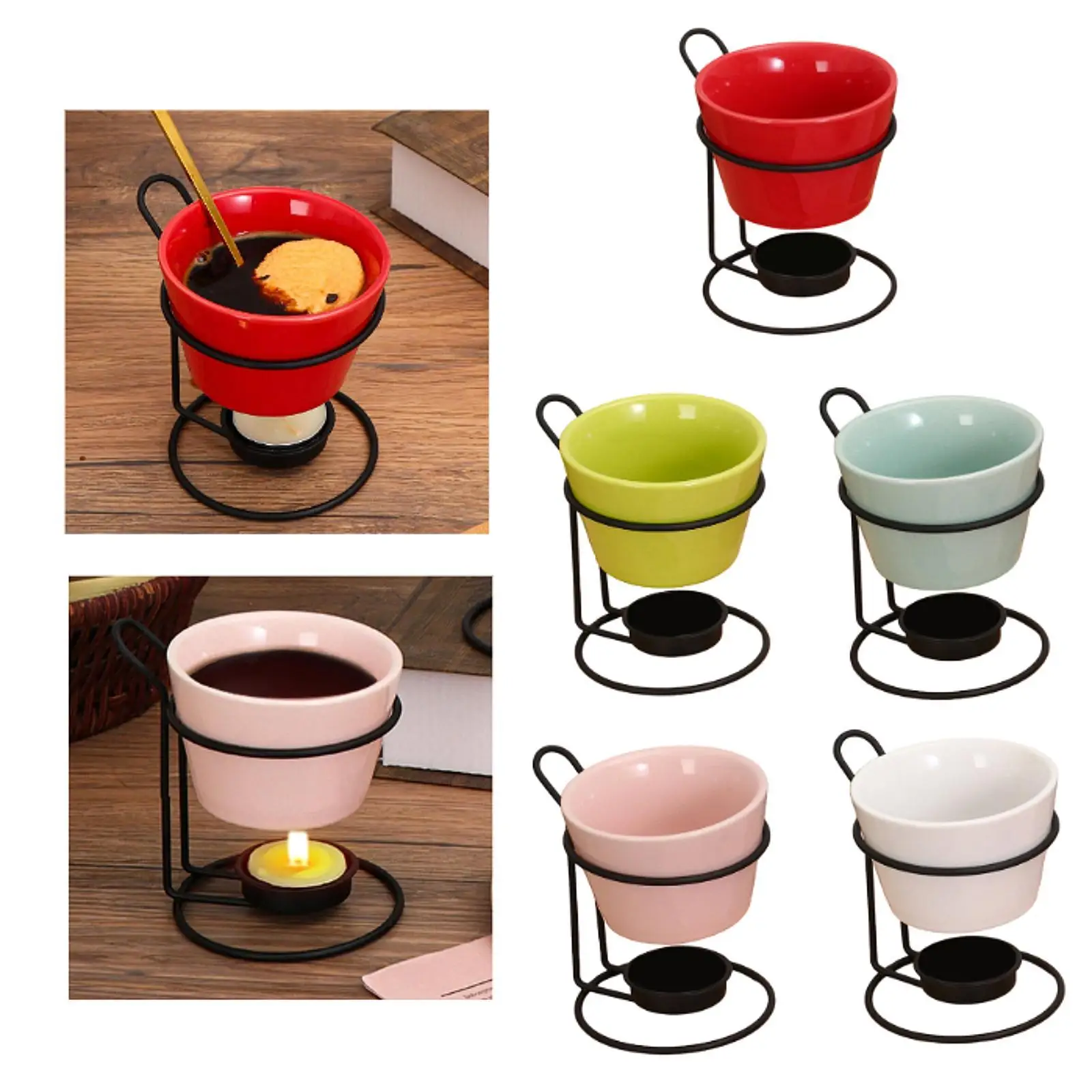 Fondue Pot Set with Iron Rack Chocolate Melter Butter Heater Porcelain Melting Pot for Dinner Anniversary Party Engagement Snack