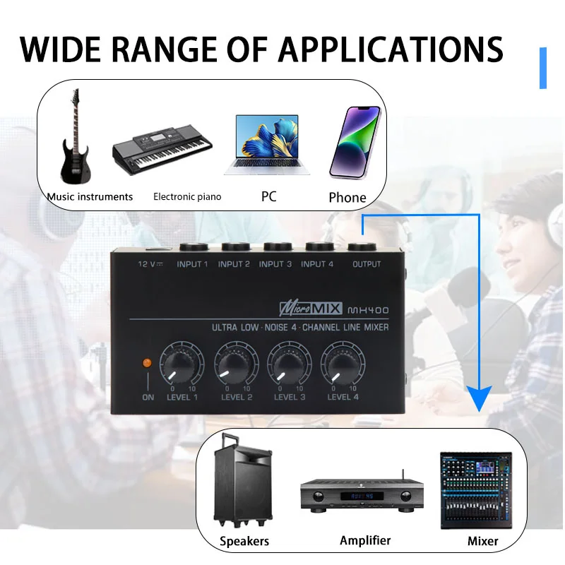Professional 4-channel stereo mixer to increase output power and improve sound quality ultra-low noise mixer for live audio