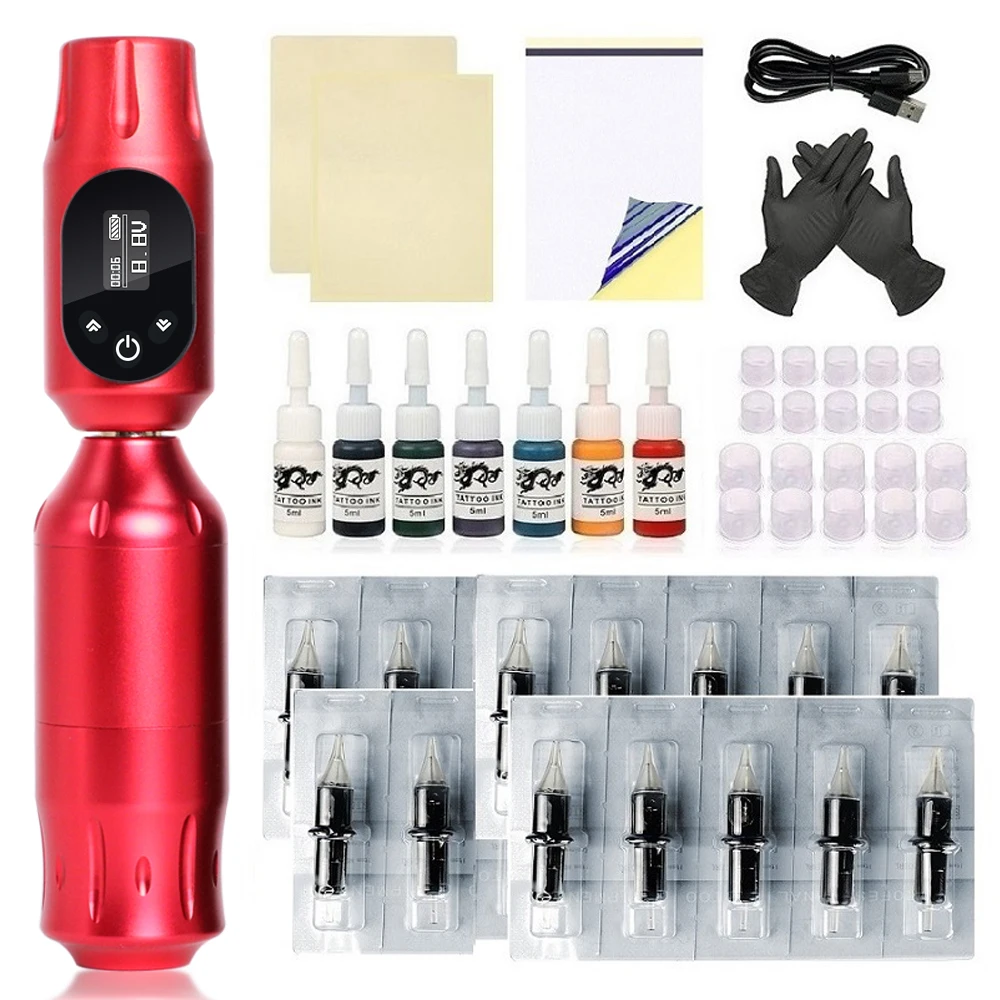 Wireless Tattoo Kit Complete Mini Rocket Machine With 1200 mAh Battery Cartridge Needles Power Supply Inks Rotary Tattoo Pen Set