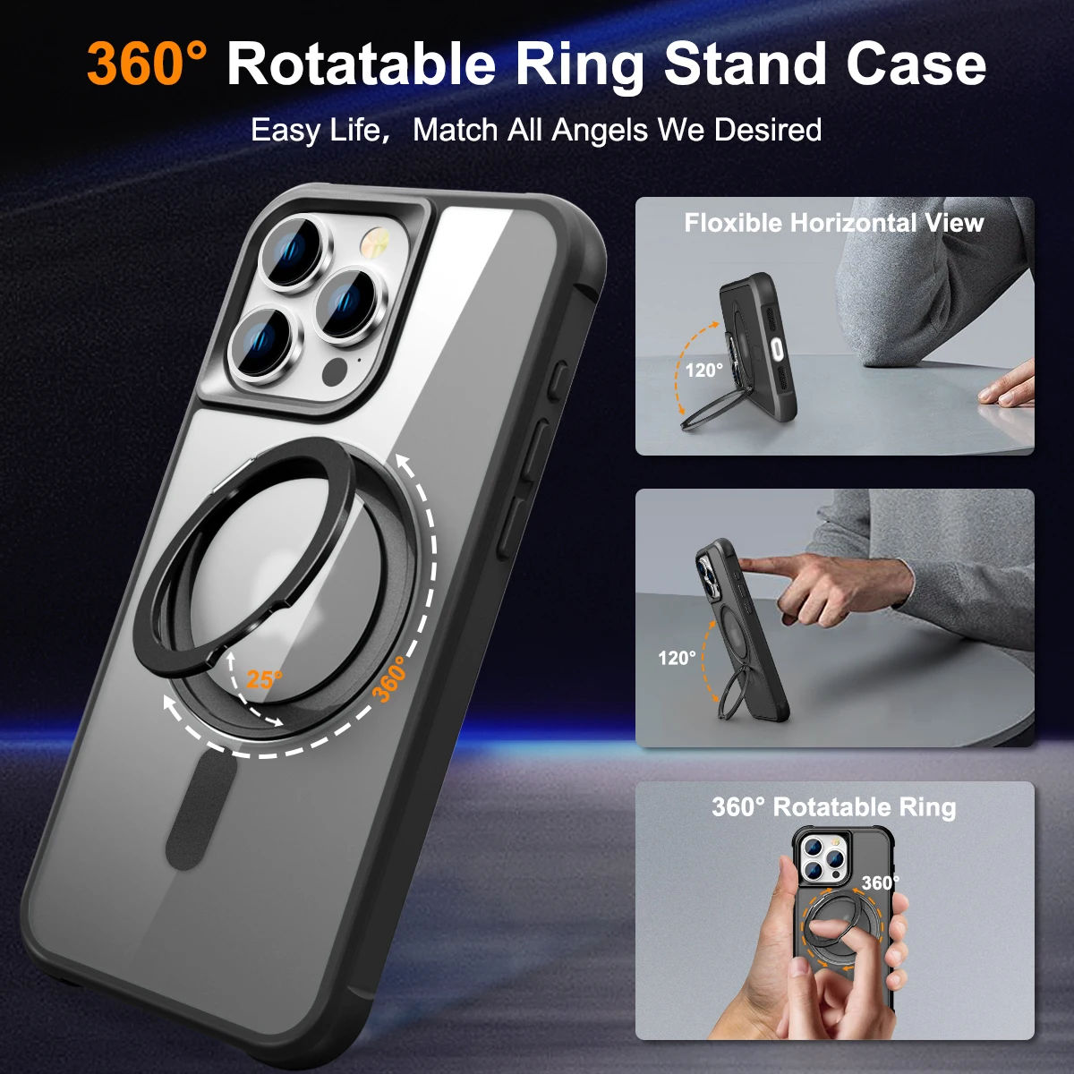 Shockproof Translucent Matte Magnetic Case for iPhone 15 Pro Max 14 13 12 11, 360 Rotating Ring Kickstand, Magsafe Phone Cover