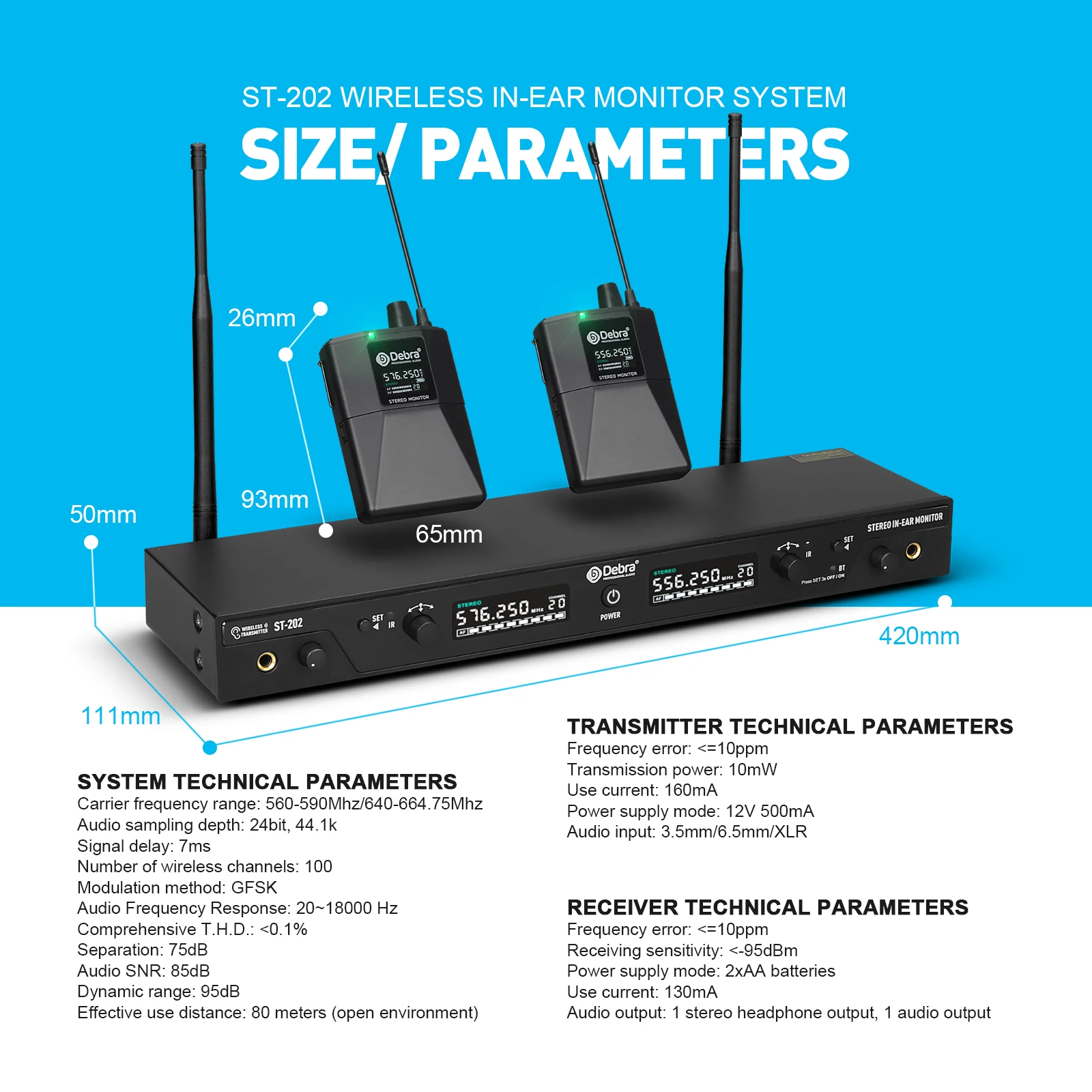 Debra UHF IEM Stereo ST-202 Professional Wireless In-Ear Monitor System 560-590M