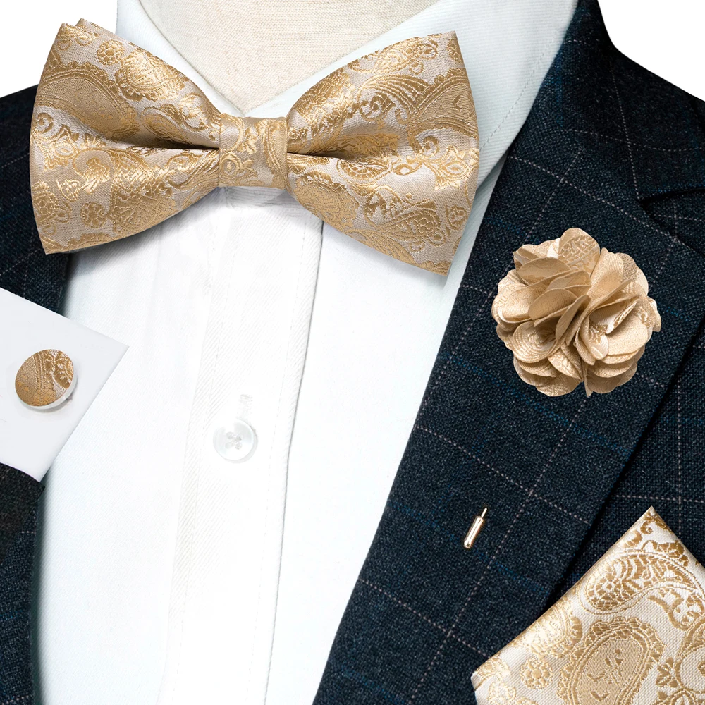Champagne Silk Jacquard Paisley Bow Tie Set - Pre-tied Bowtie Brooch Hanky  Cufflinks for Weddings  Business