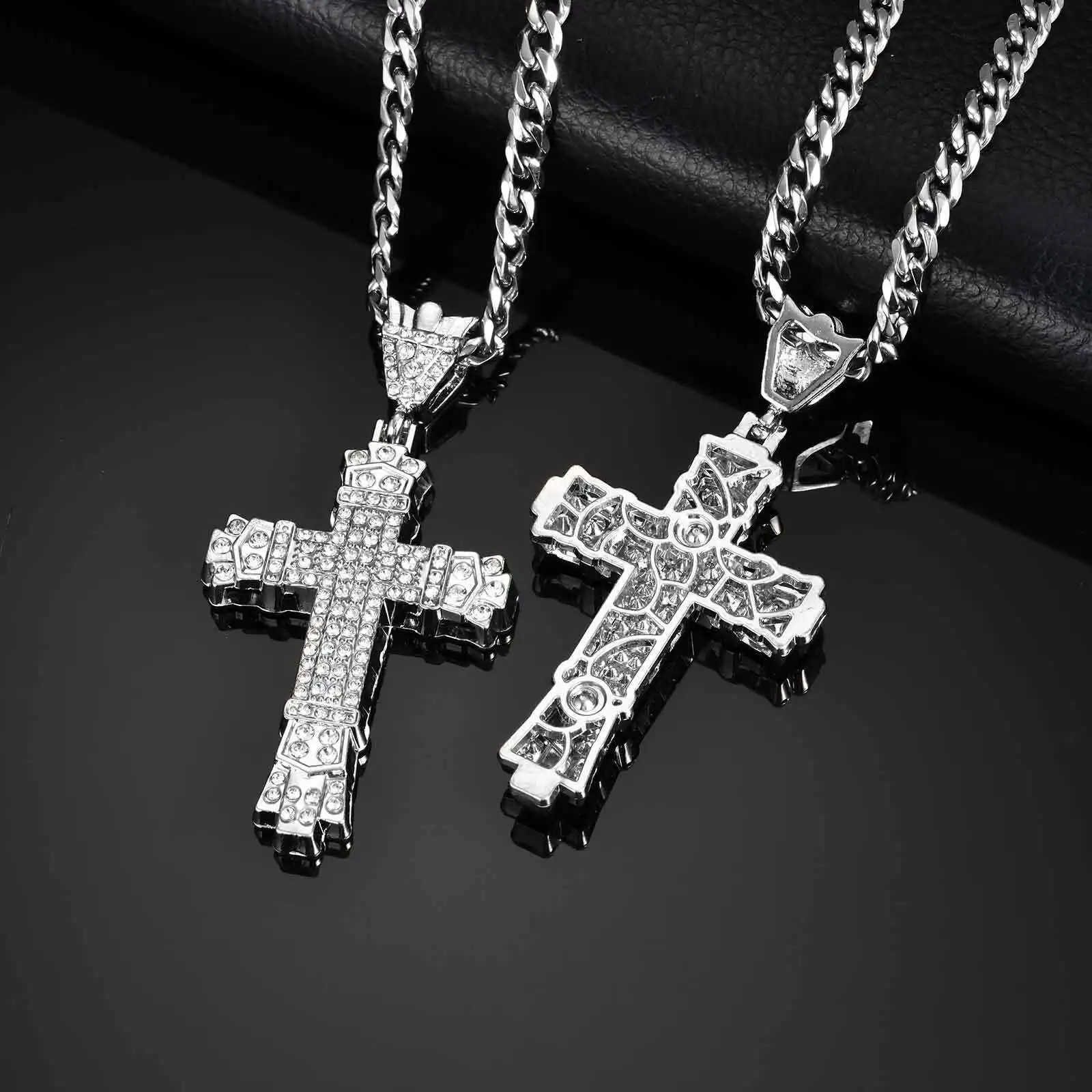 Hiphop Rhinestone Cross Necklace for Men Boys,Punk Rap Street Cool Cross Metal Pendant with Stainless Steel Cuban Chain Gift