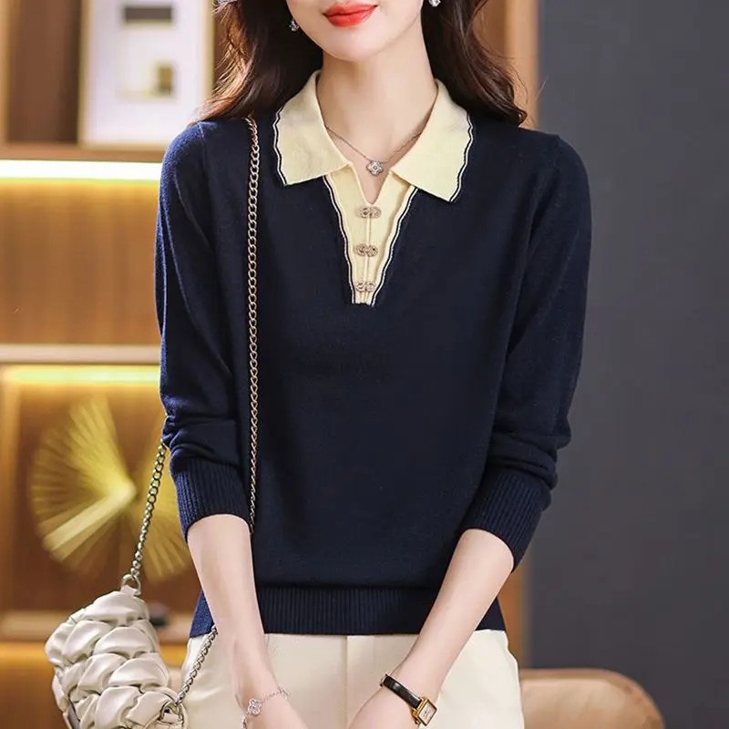 Spring and Autumn Women\'s Pullover Fake Two Piece Polo Neck Button Solid Color Sweater Underlay Fashion Casual RLong Sleeve Tops