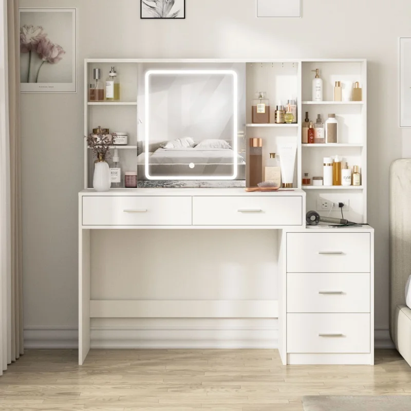

custom，modern wooden dressing table dresser with storage drawers and led lighted long mirror designs for bedroom furniture