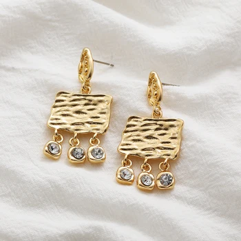 Vintage Golden Color Hammered Square Drop Earrings for Women Creative Metal Crystal Dangle Earrings Statement Bohemian Jewelry