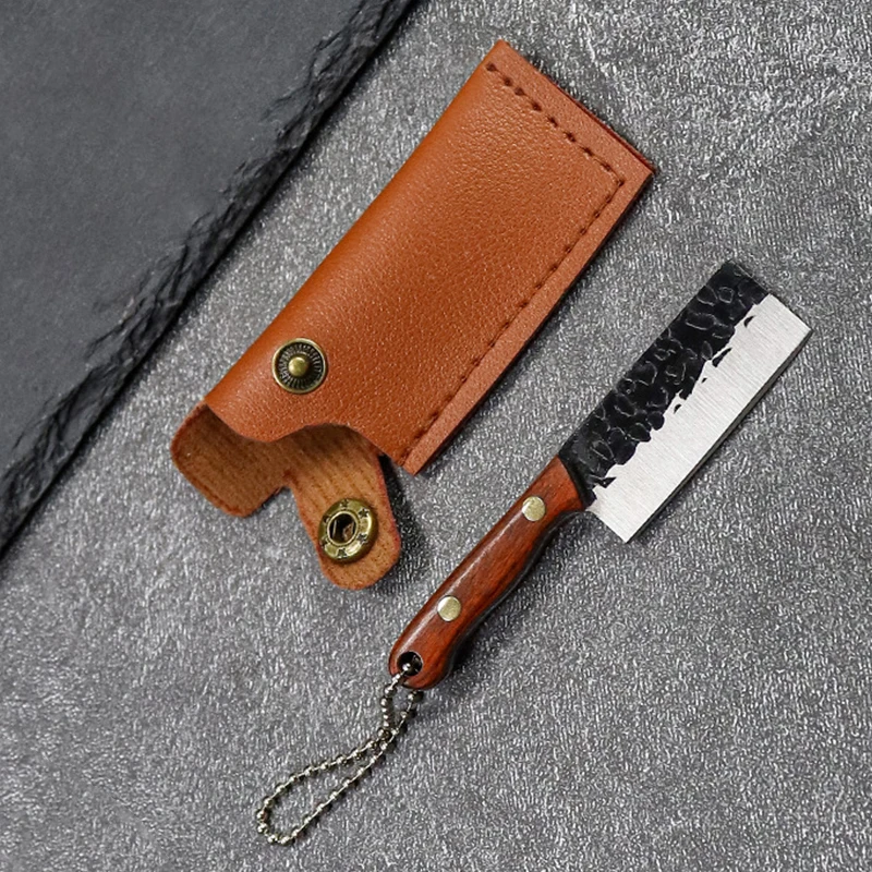1pc Cross-Border Exquisite Mini Knife Keychain Open Express Knife Hanging Key Ring Color Solid Wood Handle Knife With Holster