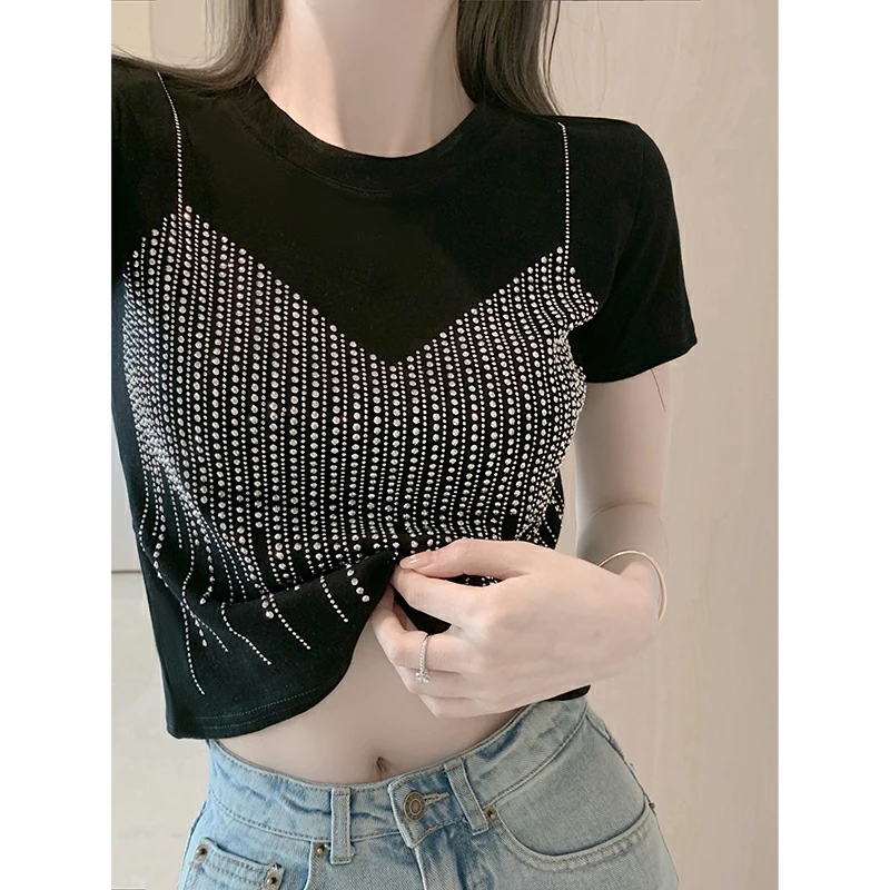 

Women's Summer Diamonds Camis Pattern Slim T Shirt Lady Chic O Neck Short Sleeve Glitter T-shirt Casual Solid Color Short Tee
