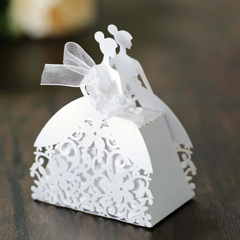 Laser Cut Pearl Paper Gift Boxes with Ribbon – Elegant Candy Chocolate Packaging for We... - SKU GBR17058 - UGI Packaging