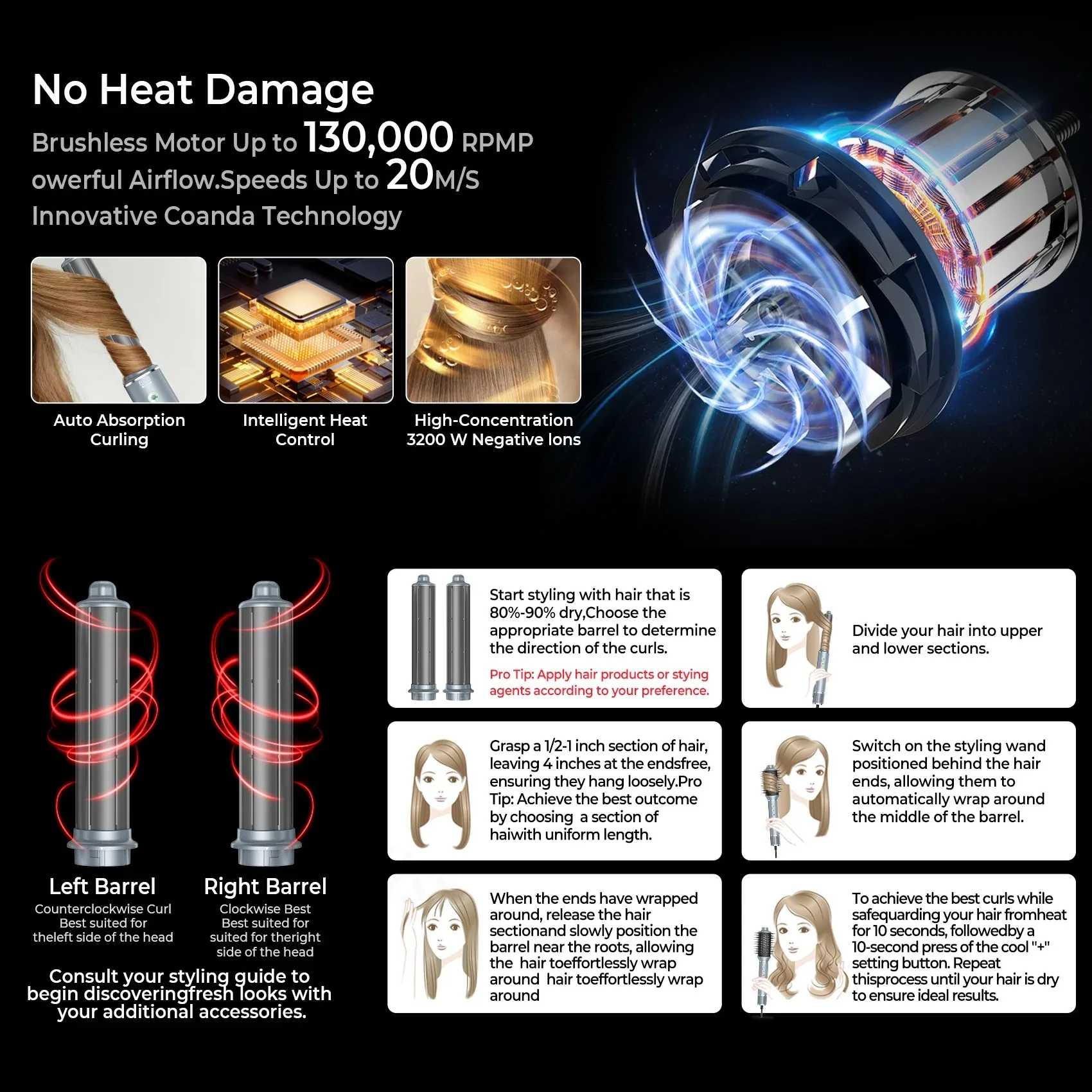 1400W Professional 5 in 1 Hair Dryer With Comb High-Speed Hot Air Brush Negative Ions Blow Dryer Brush Air Styling Curling Iron 5