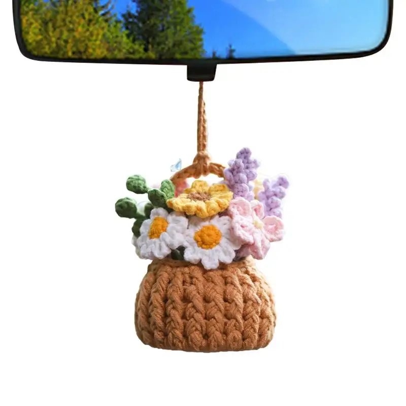 

Вязаный крючком цветок аксессуары для зеркала заднего вида ручная плетеная корзина для растений декор для автомобильного зеркала Милая Подвеска для автомобиля для женщин и мужчин ручная работа