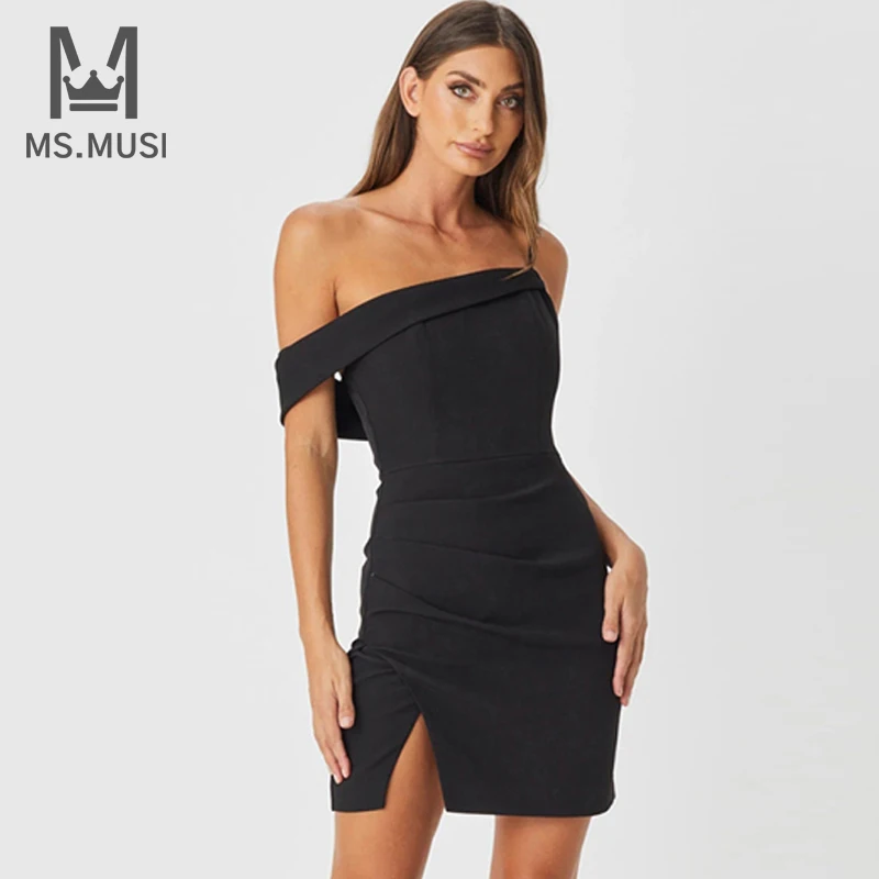 

MSMUSI 2022 New Fashion Women Sexy Off The Shoulder One Sleeve Strap Draped Backless Slit Bodycon Party Club Bandage Mini Dress