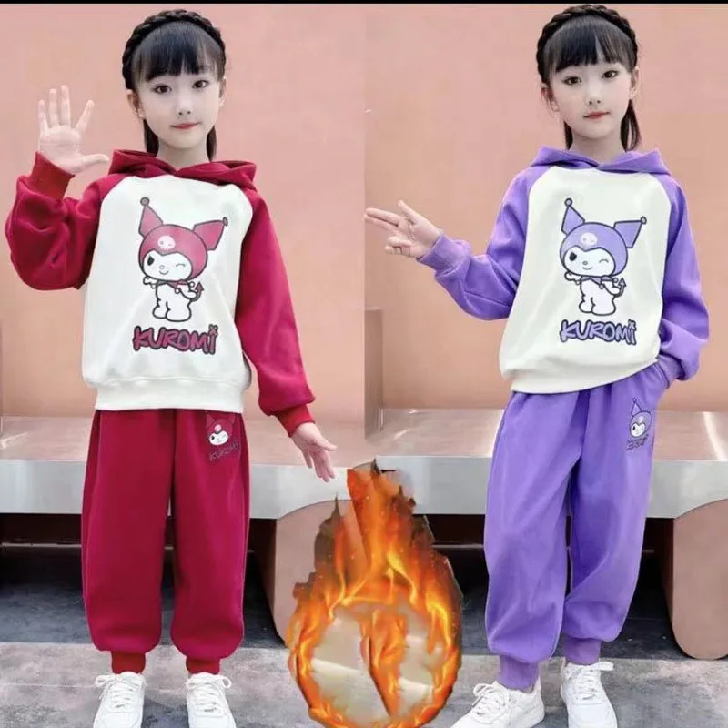 

Cartoon Kids Sports Suit Sanrio Anime Kuromi Girls Autumn Fashion Thickening Hooded Jacket Cute Girls Leisure Pants Tops Suit