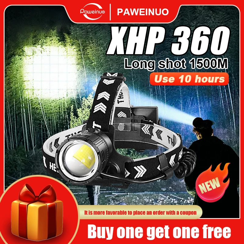 

XHP360 Powerful LED Headlamp TypeC USB Rechargeable Head Lamp 18650 Waterproof Head Flashlight 36Core Zoomable Headlight Fishing