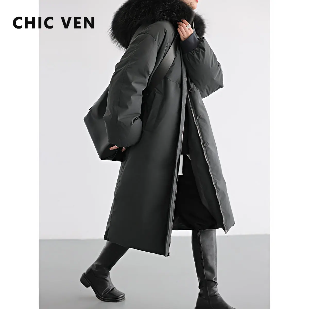 

CHIC VEN Women's Down Coats Korean Hooded Long 90 White Duck Down Jacket Woman Thick Warm Overcoat Female Outerwears Winter 2022