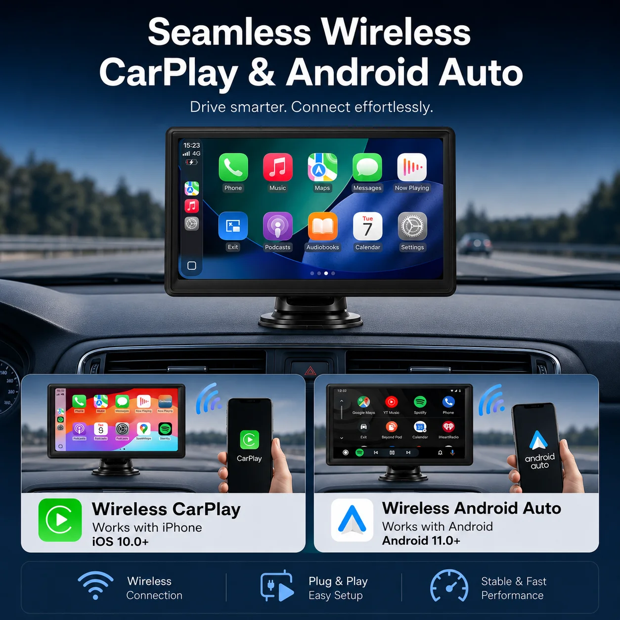 Pantalla CarPlay Portátil de 7 Pulgadas, Estéreo Inalámbrico para Auto con Android Auto, Pantalla Táctil IPS, Bluetooth, Mirror Link, Radio Universal para Auto 2