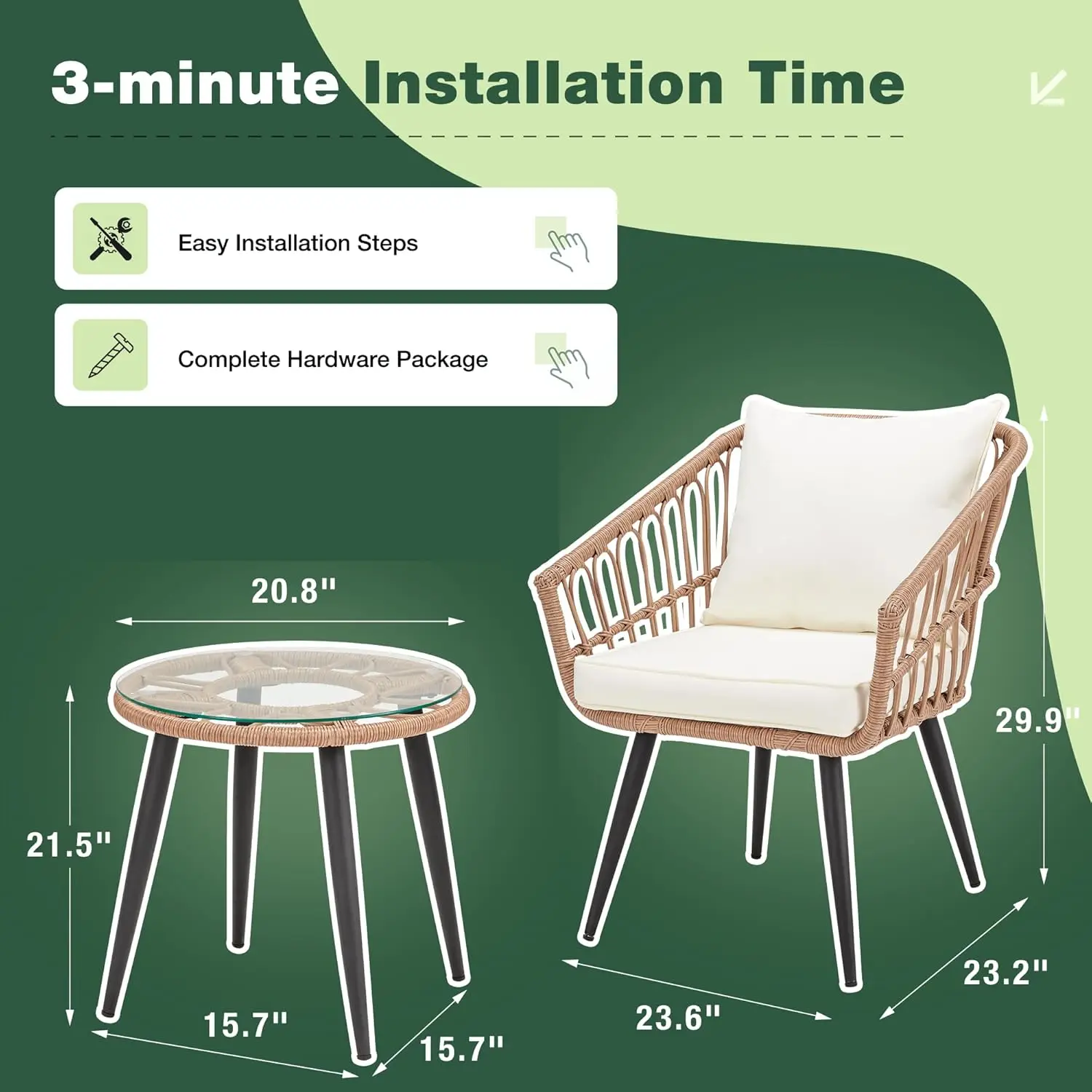 3 Piece Wicker Patio Bistro Set, Outdoor Rattan Dining Set with Glass Top Table, Chairs, and Cushions