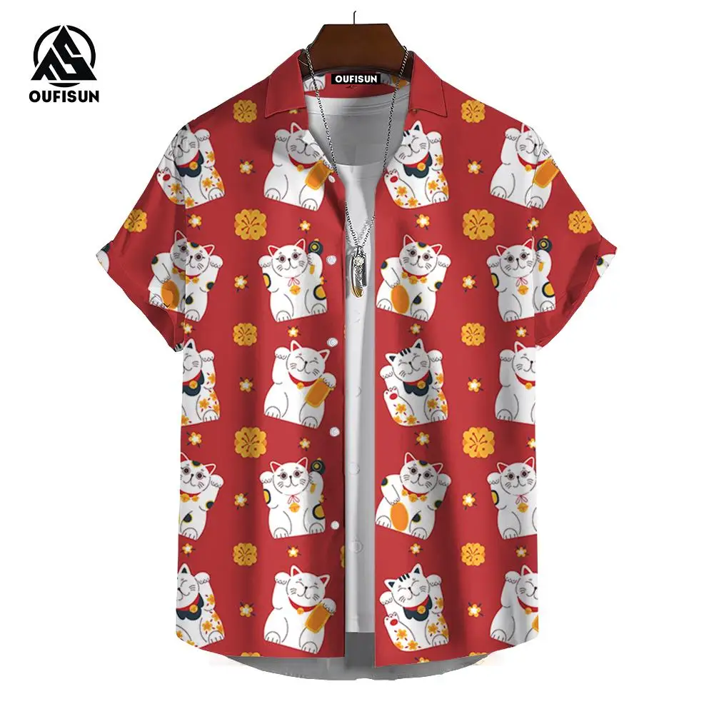 

Рубашка с рисунком кота удачи для мужчин, топы с коротким рукавом и 3d рисунком кота, праздничная одежда, красная рубашка, праздничные блузки, женские и мужские футболки