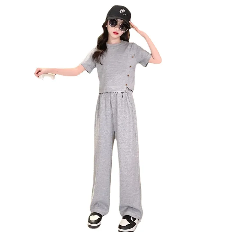 Girls Short-sleeved Suit Summer Sports Short-sleeved + Wide-leg Trousers Casual Two-piece Set Children's Sets