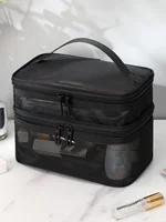 1Pc Multifunction Black Mesh Large Capacity Double Layer Travel Partition  Makeup Bag For Women Girls Black Friday,Makeup Bag Ma 2