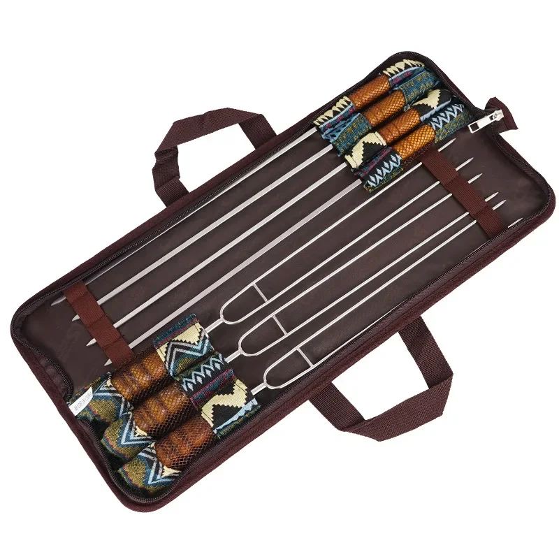 Outdoor BBQ Skewer 7-piece Set Stainless Steel Barbecue Wooden Handle Sticks BBQ Grill Skewers with Storage Bag Camp Picnic Tool