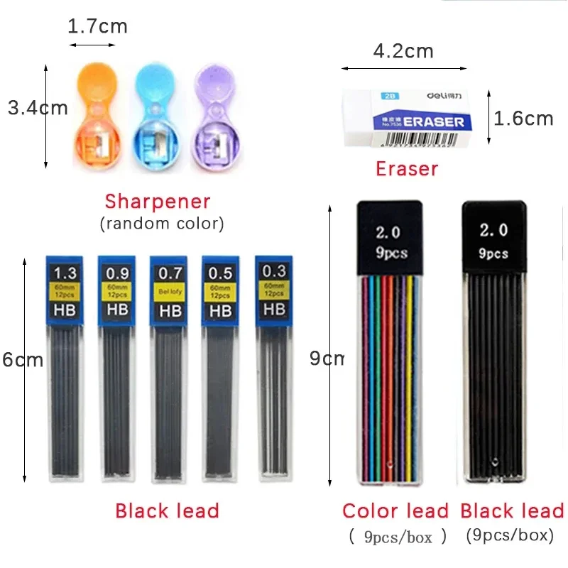 Metal Mechanical Pencil Set 0.3 0.5 0.7 0.9 1.3 2.0mm Lead Refills Art Automatic Drafting Sketching Pencils Office School Supply 2