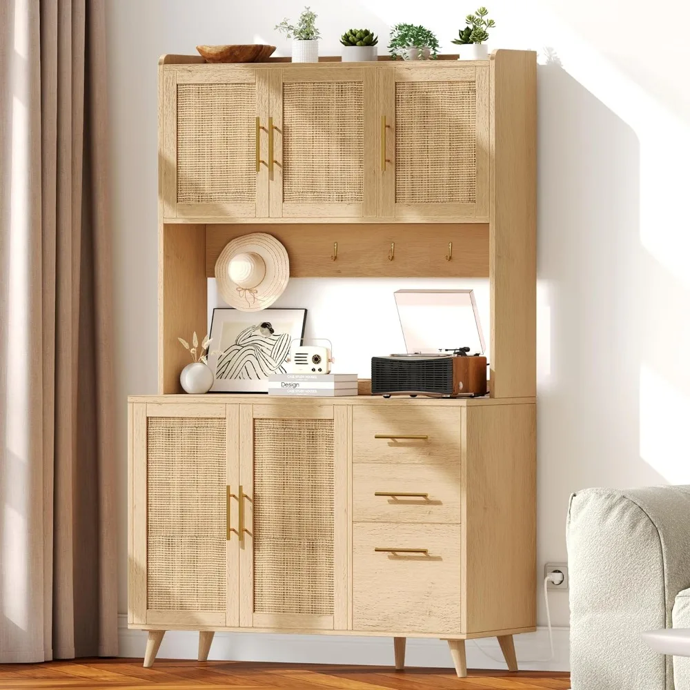 70.9" Kitchen Pantry Cabinet w/ Microwave Shelf,Rattan Freestanding Storage Cabinet w/ Charging Station,Sideboard Buffet Cabinet 5