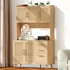 70.9" Kitchen Pantry Cabinet w/ Microwave Shelf,Rattan Freestanding Storage Cabinet w/ Charging Station,Sideboard Buffet Cabinet 5