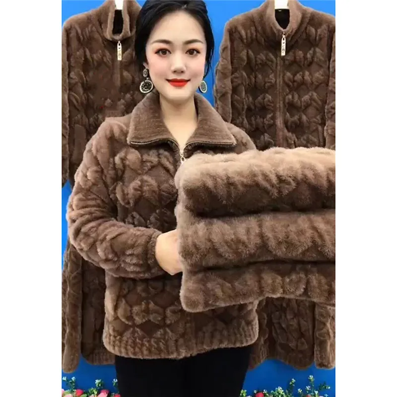 중년 노인 어머니 모조 밍크 벨벳 코트, 두꺼운 스탠드 지퍼 카디건 스웨터, 여..