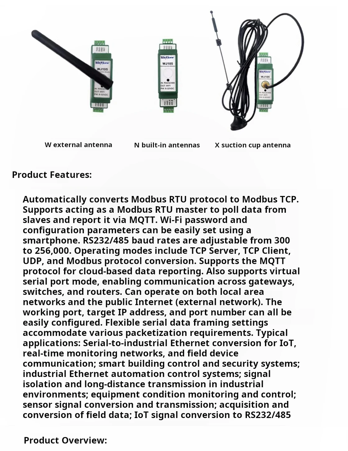 Modbus RTU to Modbus TCP Module RS232/485 to WiFi Module WJ105 intelligent