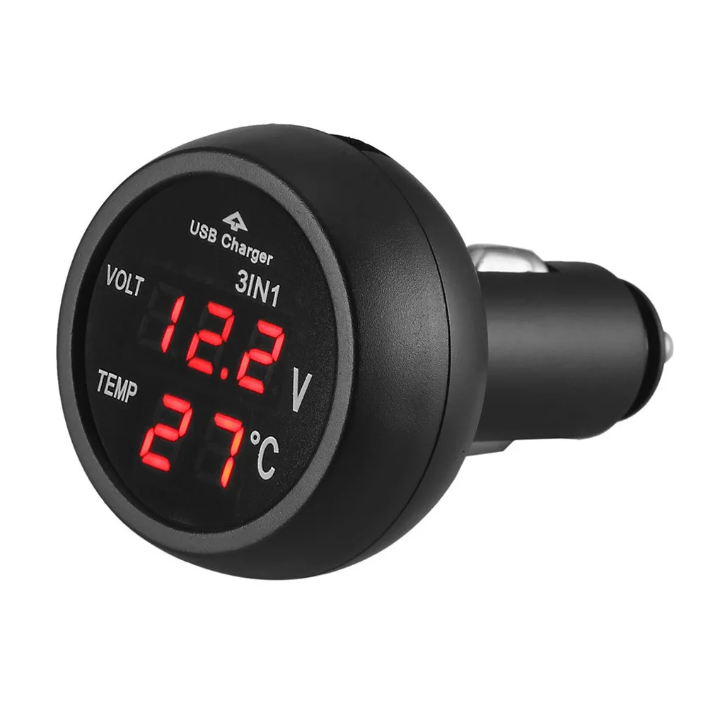 차량용 LED 디지털 전압계 온도계, LED 디지털 계량기, USB 차량용 충전기, 전압계 온도계, 듀얼 디스플레이, 3 in 1, DC 12 V, 24V