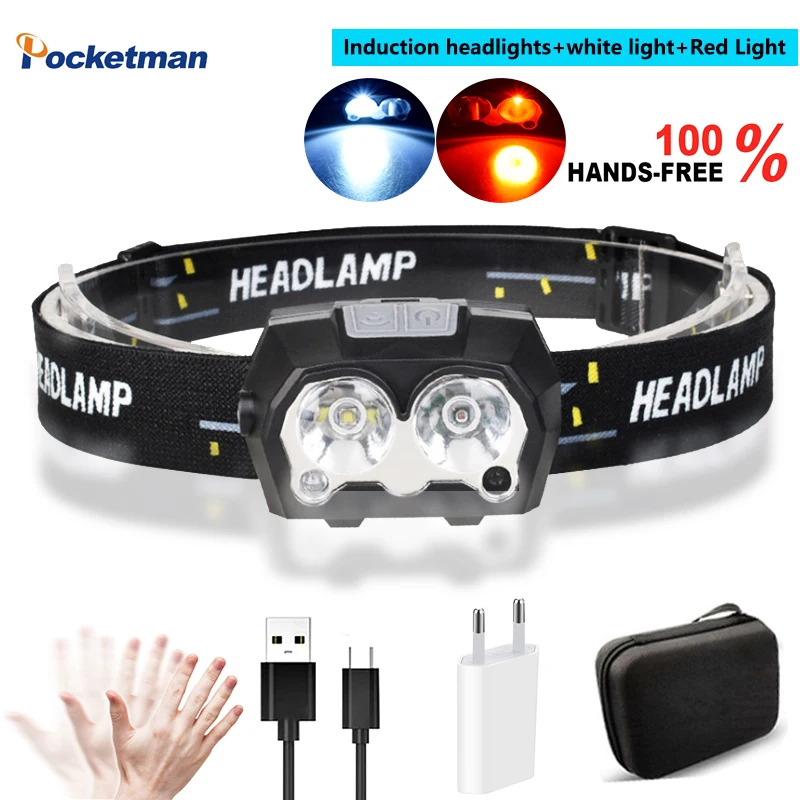 

USB Rechargeable Headlamp Flashlight Super Bright LED Headlight Body Motion Sensor Head Torch Light Lamp running fishing