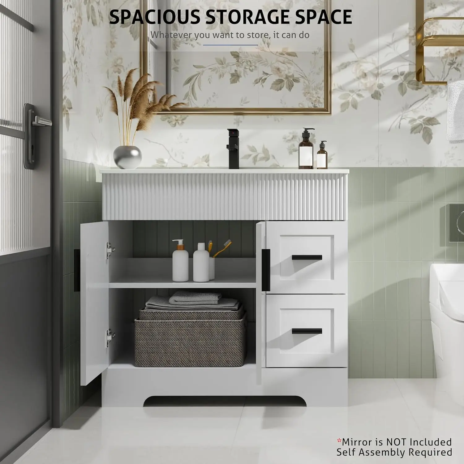 36" Bathroom Vanities Sink Combo with Painted Surface, Modern Drawered Cabinet W/Decorative Wave Lines, Undermount Single Sink 5