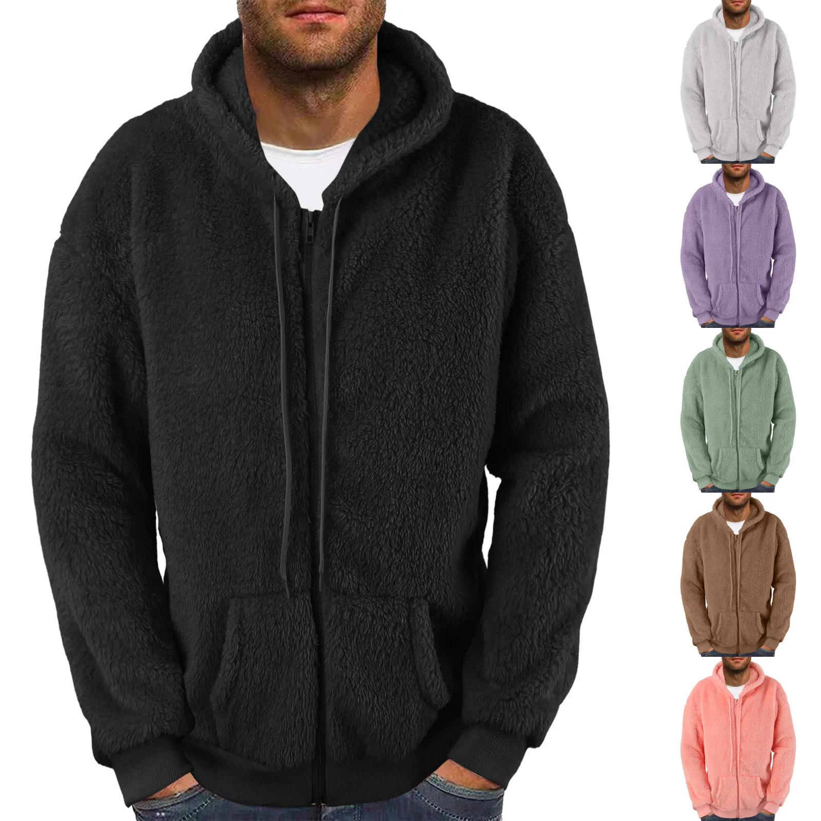 Men'S Zip Up Hoodie Plush Baggy Sweetshirts Winter Warm Pullovers