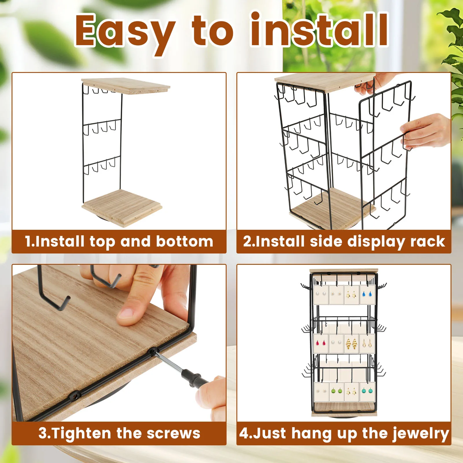 3-Tiers 48 Holes Earring Display Holder 360 Degree Rotatable Earring Selling Stand Jewelry Storage Organizer Wood Base Stand 6
